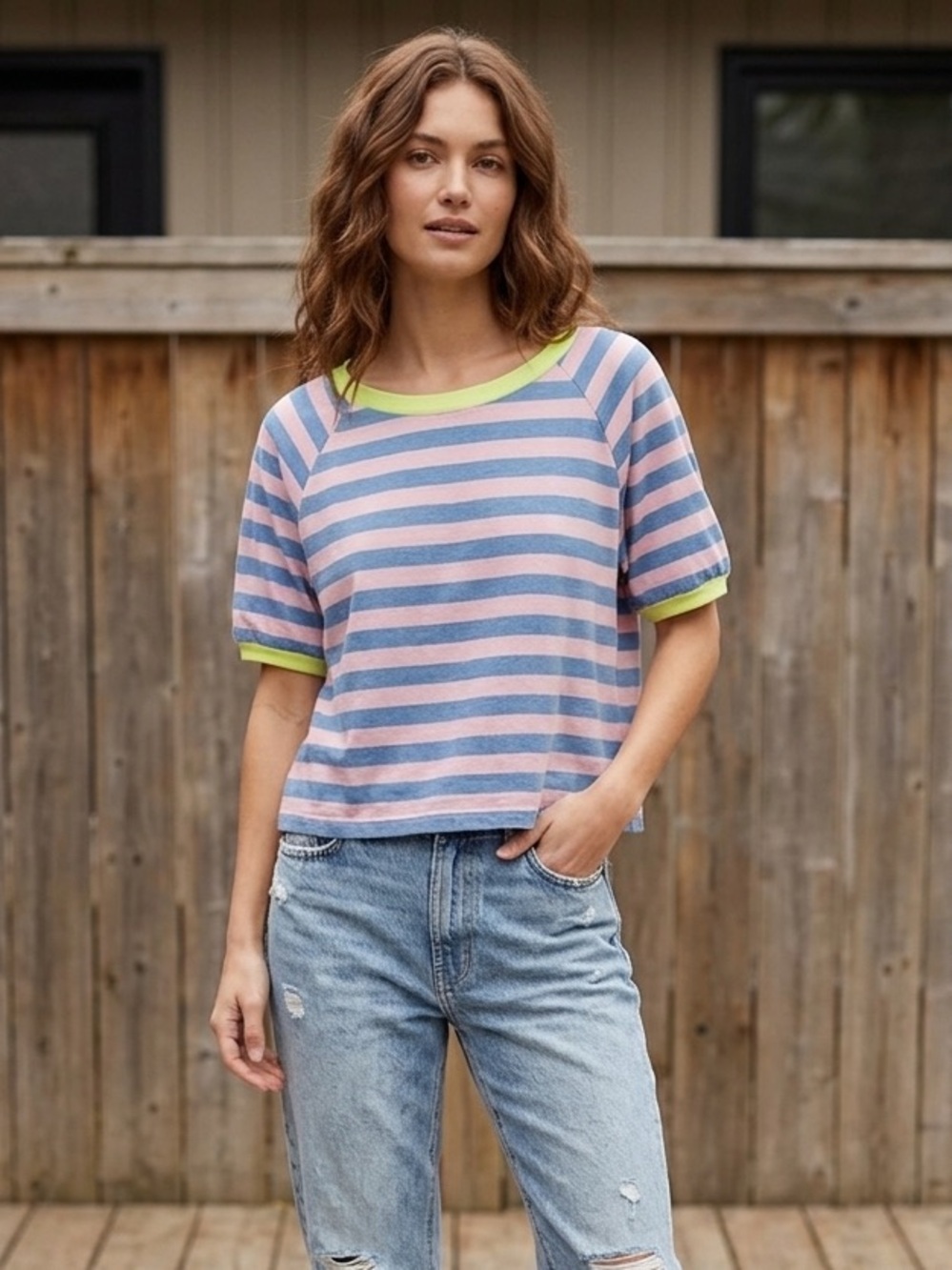 Striped Crop Top in Pink and Blue with Lime Neck